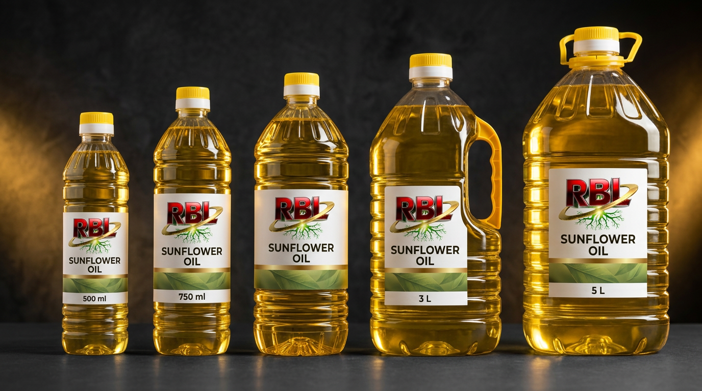 RBL sunflower oil bottles in 500 ml, 750 ml, 1 L, 3 L and 5 L sizes