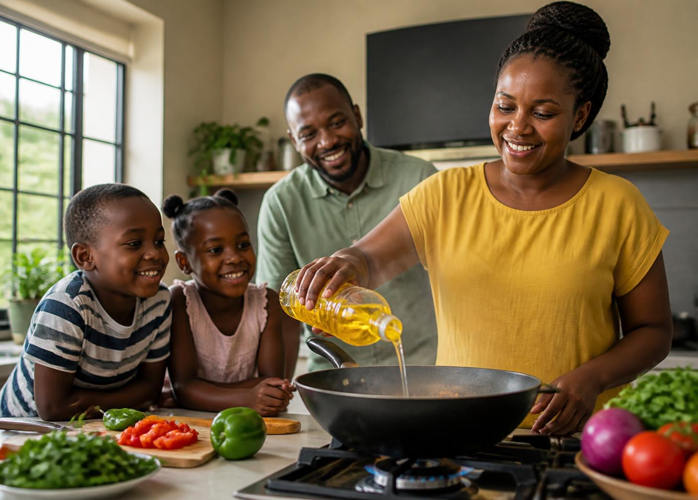 A family cooking with RBL sunflower oil in a Kenyan kitchen