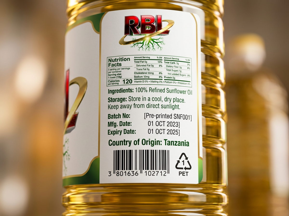 Close-up of the RBL sunflower oil back label showing nutrition facts, batch code and barcode