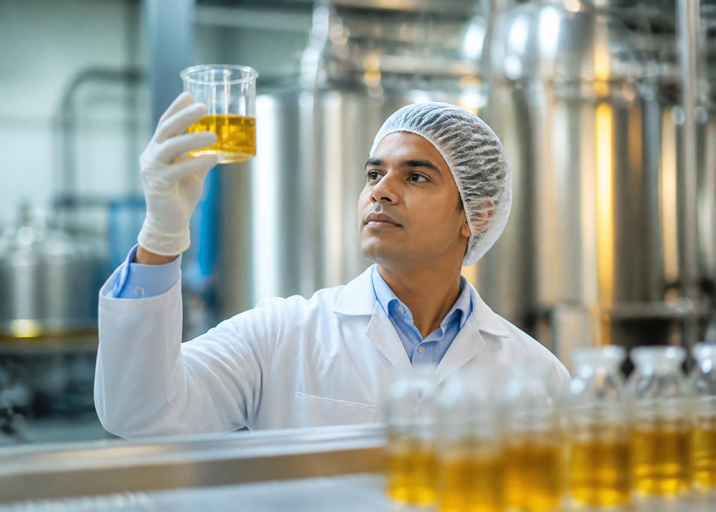 Quality control technician inspecting refined sunflower oil