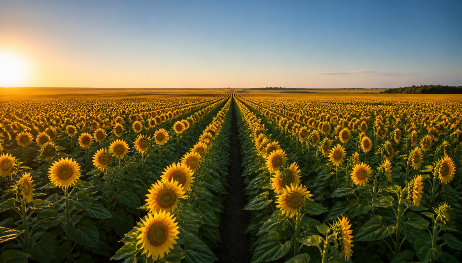 Rows of sunflowers at sunrise